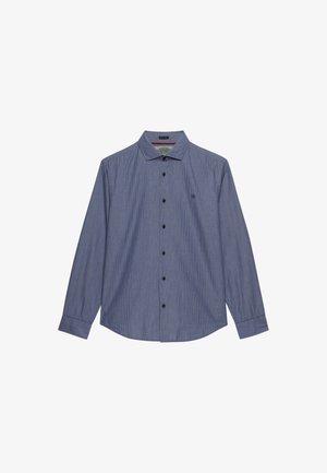Chemise bleue à manches longues avec fines rayures, col pointu et boutons noirs sur le devant.