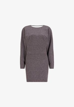 Robe grise texturée à manches longues et longueur au genou, avec un col rond, présentée sur un fond blanc.