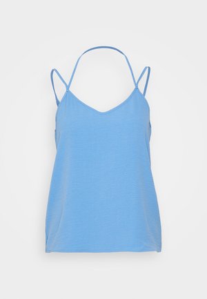 Camisola azul claro com alças finas ajustáveis, decote em V e um corte descontraído. Feita de um tecido suave e texturizado. Sem padrões ou detalhes.