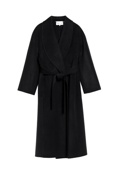 Long manteau en laine noire avec col châle et ceinture assortie nouée à la taille, présenté sur fond blanc.