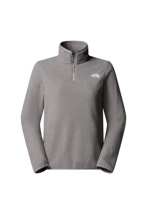 Gray fleece pullover with a half-zip collar, long sleeves, and a small white logo on the chest. Soft texture and relaxed fit.