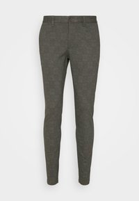 Grå byxor med fiskbensmönster i slim fit, med knäppning fram och bälteshällor för justerbar passform.