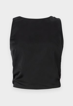 Μαύρο αμάνικο μπλουζάκι με λεία, γυαλιστερή υφή; διαθέτει στρογγυλή λαιμόκοψη και συγκεντρωμένες λεπτομέρειες στο πλάι για εφαρμοστή σιλουέτα.