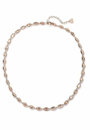 Collier en or rose avec des maillons ovales reliés et une chaîne ajustable avec un pendentif en forme de cœur sur fond blanc.