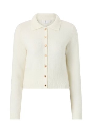 Crèmekleurig gebreid vest met lange mouwen, een kraag en zeven knopen aan de voorkant in het midden.