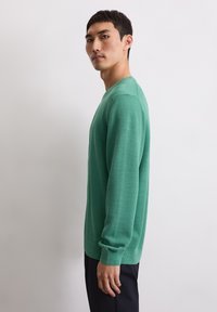 Maglione verde lavorato a maglia caratterizzato da un colletto a girocollo, maniche lunghe e polsini a coste. La texture è leggermente in rilievo, mostrando un motivo traspirante.