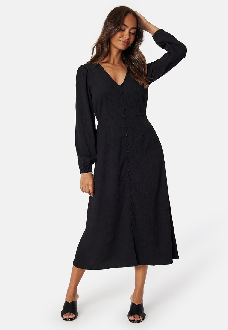Bubbleroom V-NECK STRUCTURED L/S DRESS - Jurk - black
