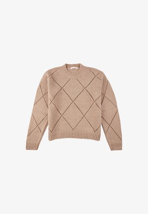 Jasno beżowy sweter dzianinowy z okrągłym dekoltem, w wzór diamentowy i ażurowe detale. Prążkowane mankiety i dół.