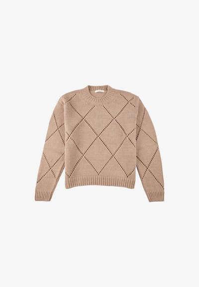 Jasno beżowy sweter dzianinowy z okrągłym dekoltem, w wzór diamentowy i ażurowe detale. Prążkowane mankiety i dół.