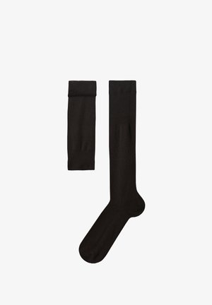 Schwarze, kniehohe Socken und passende Bündchen aus glattem, elastischem Material. Das Design präsentiert eine einfache, einfarbige Optik ohne zusätzliche Muster.