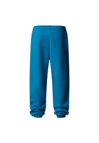 Tyrkysové teplákové nohavice z mäkkej látky s elastickým pásom a elastickými lemami pri členkoch, s jemným logom.