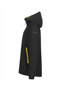 Schwarze Softshelljacke mit einer mit Reißverschluss versehenen gelben Tasche, Kapuze und elastischen Bündchen. Das strukturierte Material bietet Langlebigkeit und Wetterbeständigkeit.