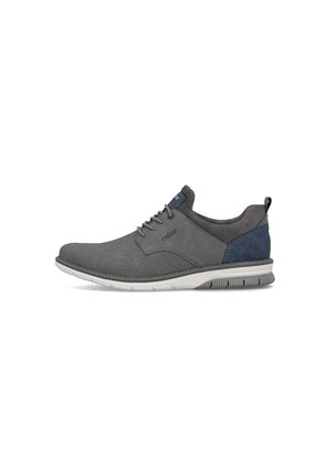 Grauer Freizeit-Schnürschuh mit perforiertem Vorderteil, gepolstertem Kragen, blauem Fersenbereich und weißer Sohle mit grauem Profil.