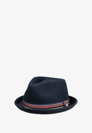 Navy blue fedora hat with a multicolored striped band and a small round metallic detail on a white background.