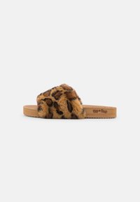 Faux fur slide sandal featuring a leopard print design, brown tones, and a tan rubber sole with textured edges.