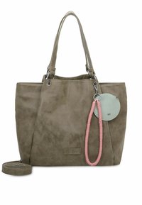 Oliwkowa torebka tote z sztucznej zamszowej skóry, z podwójnymi rączkami, srebrnym okuciem i odczepianym charms'em w kolorze miętowym i różowym. W zestawie pasek na ramię.