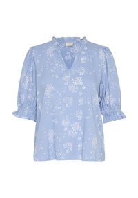 Lichtblauwe blouse met witte bloemenpatroon, V-hals, korte pofmouwen met gerimpelde manchetten en een comfortabele pasvorm.