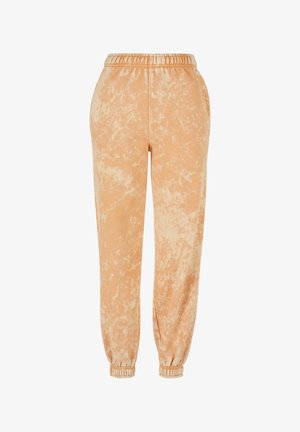 Virsikate sinine triibuline dressipüksid elastse vöökoha ja mansettidega, millel on pehme tekstuur ja mugav lõige.