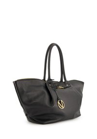 Sort læder tote bag med en textured overflade, dobbelt hanke, lynlås lukning og en gylden cirkulær logo accent på forsiden.