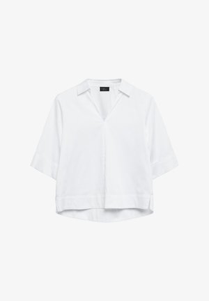 White short-sleeve blouse with a collar, V-neck opening, loose fit, and slightly curved hem, displayed on a plain white background.