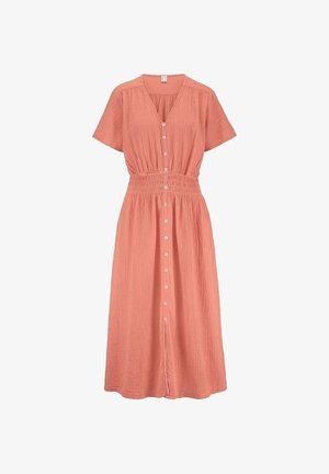 Coral pink midi dress with short sleeves, V-neck, button-down front, and gathered elastic waist in lightweight textured fabric.