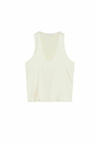 Canotta crema senza maniche in un tessuto morbido e liscio con scollatura a V profonda e una vestibilità rilassata. Design semplice senza ulteriori pattern o decorazioni.