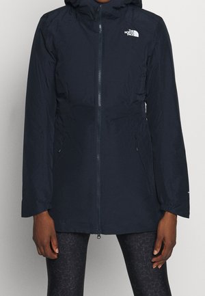 Navy waterproof parka jacket with a hood, zip front, elasticized cuffs, and side pockets. Features logo on the upper left chest.