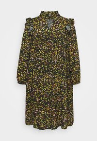 Robe noire à manches longues avec motif floral jaune, rose et marron, épaules volantées et col montant avec une petite découpe en V.