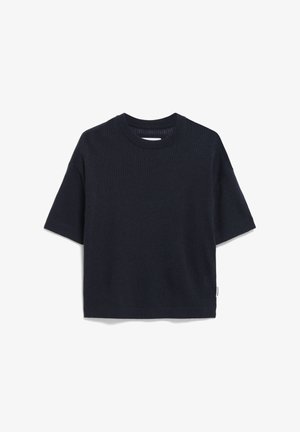 Donker marineblauw geribd gebreid T-shirt met korte mouwen en een ronde halslijn, in een relaxed fit. Bevat een klein merketikett aan de onderzijde.