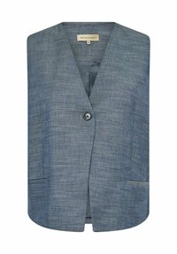 Blå texturerad ärmlös blazer med en enkel knappstängning, med två framtida fickor och en mjuk inre foder.