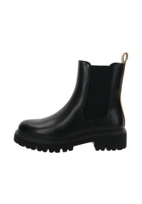 Botas chelsea negras de piel lisa con paneles laterales elásticos, tira de agarre, suela gruesa y texturizada, y diseño de punta redonda.