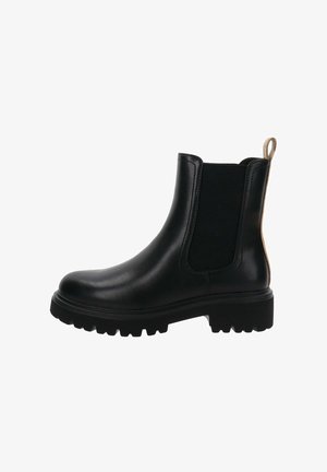 Botas chelsea negras de piel lisa con paneles laterales elásticos, tira de agarre, suela gruesa y texturizada, y diseño de punta redonda.