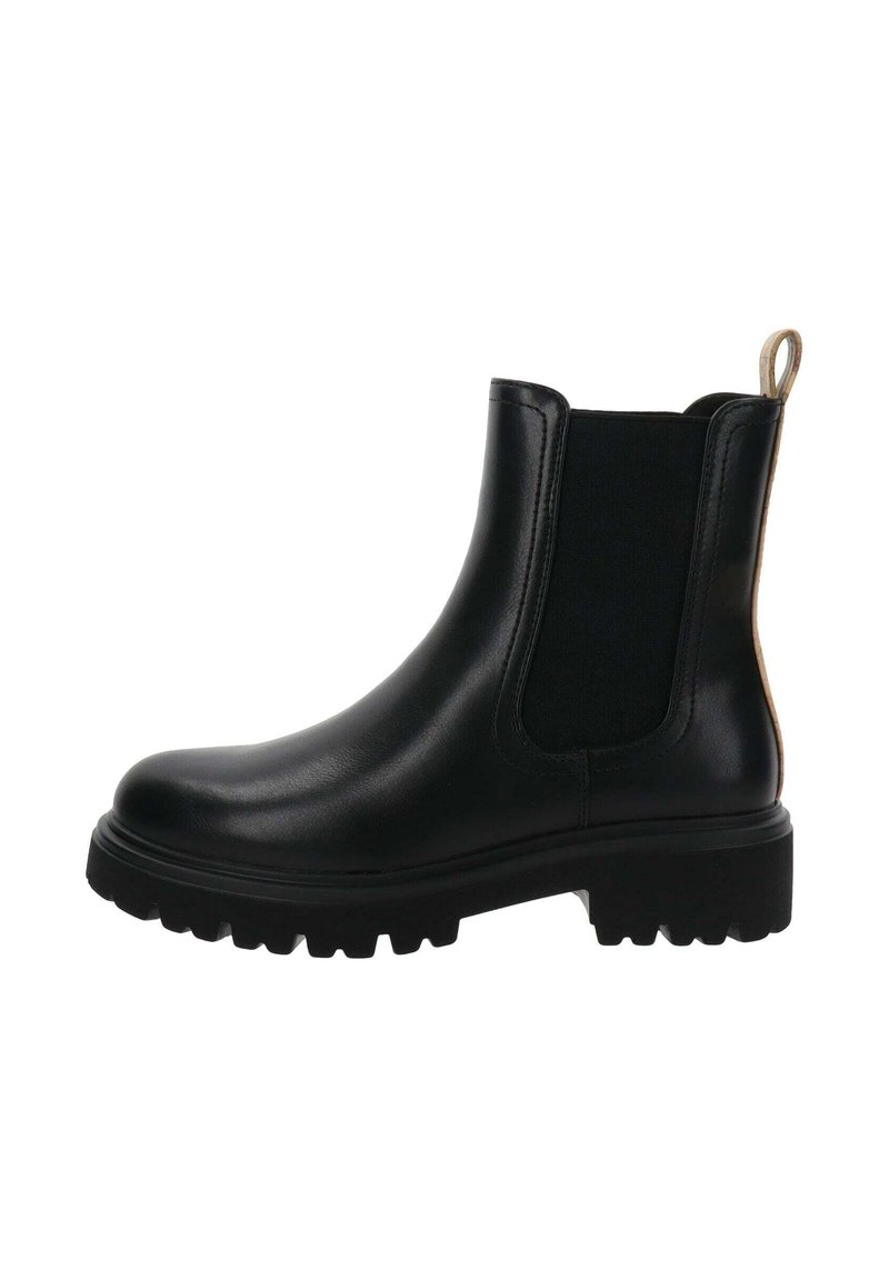 Botas chelsea negras de piel lisa con paneles laterales elásticos, tira de agarre, suela gruesa y texturizada, y diseño de punta redonda.