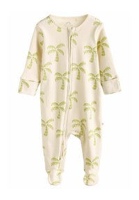 Light cream onesie featuring a palm tree pattern in green. Long sleeves with fold-over cuffs and footed design, zip closure at front.