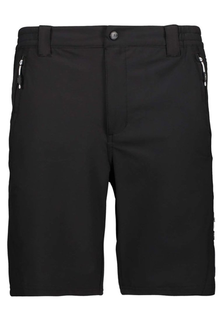 Svarta shorts i lätt tyg, med rak skärning, dragkedjefickor på båda sidor och en knappstängning i midjan.