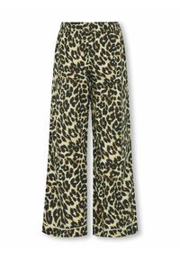 Kalhoty s širokými nohavicemi a elastickým páskem v leopardím vzoru, s béžovo-černou barevnou kombinací, měkkou texturou a celoblokovým designem.