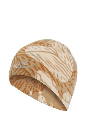 Beige en bruine fleece-beanie met patroon en Jack Wolfskin-logo geborduurd aan de zijkant.