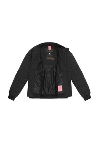 Schwarze Pufferjacke mit gerippten Bündchen und Saum. Mit glattem Satinfutter, Innentasche und buntem Markenlabel auf der Innenseite.
