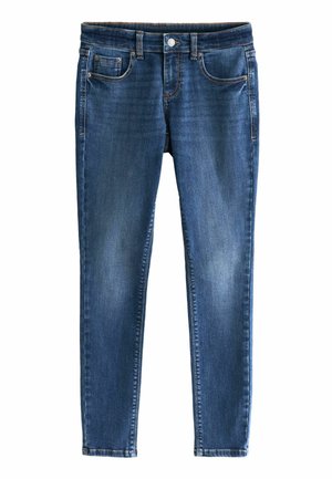 Tummansiniset farkut, slim fit -malliset, joissa on nappikiinnitys, viisi taskua ja hienovaraiset kulutukset edessä tuomaan rakennetta.