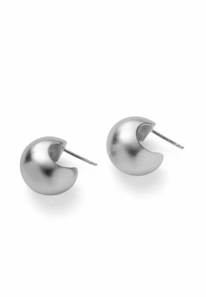 Small, smooth, silver crescent-shaped stud earrings with post backings on a white background.