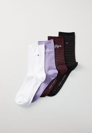Four pairs of ankle socks: white with light stripes, light purple, burgundy, and black with thin stripes. Each features a logo detail.
