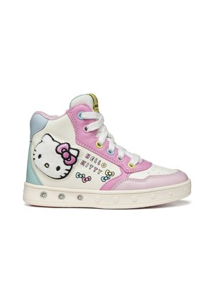 Sneaker alta per bambini in bianco, rosa e blu con la faccia di Hello Kitty, testo e disegni di fiocchi colorati sul lato.