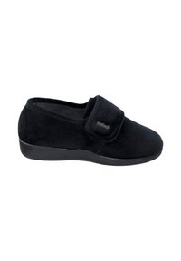 Zapatilla de velour negra con cinta de velcro, punta redondeada y superficie texturizada. Cuenta con una suela de goma plana para mayor comodidad.