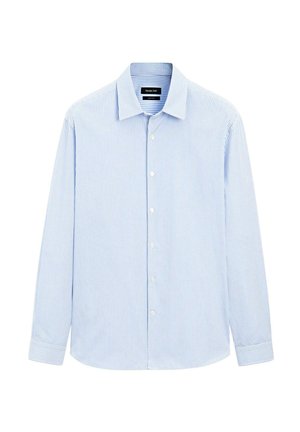 Chemise boutonnée bleu clair avec des rayures verticales blanches, col classique, manches longues et ourlet droit. Fabriquée en tissu lisse.