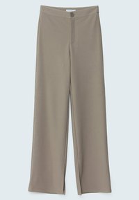 Pantalon ample taupe avec bouton sur le devant et détail de couture, fabriqué en tissu texturé.