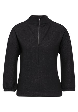 Czarna rozpinana bluza z wysokim kołnierzem, z teksturowanym splotem i lekko balonowymi rękawami, kończącymi się przy nadgarstkach.