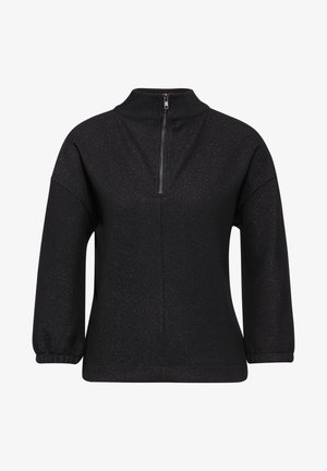 Czarna rozpinana bluza z wysokim kołnierzem, z teksturowanym splotem i lekko balonowymi rękawami, kończącymi się przy nadgarstkach.