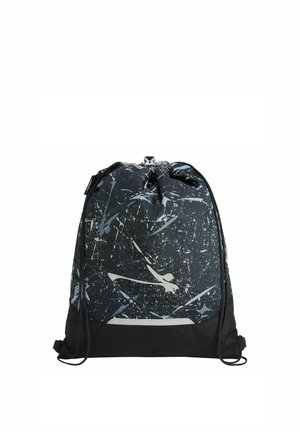 Black drawstring backpack with white and gray abstract splatter pattern and a small front reflective strip.