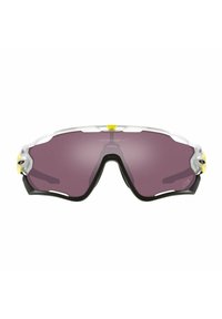 Occhiali sportivi da sole con montatura trasparente, lenti viola scuro, accenti neri e dettagli gialli vicino al sopracciglio e alle tempie.