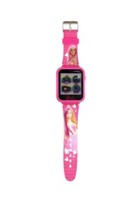 Smartwatch rosa con quadrante quadrato, dotato di un display digitale. Il cinturino presenta un'illustrazione di Barbie e motivi a cuore. Realizzato in silicone.